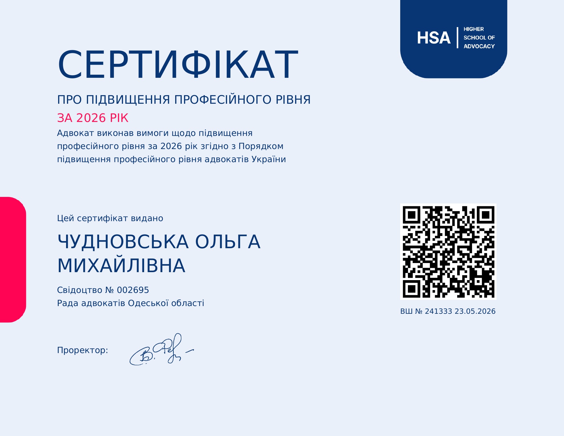 Сертифікат Чудновської Ольги Михайлівни про підвищення професійного рівня за 2026 рік